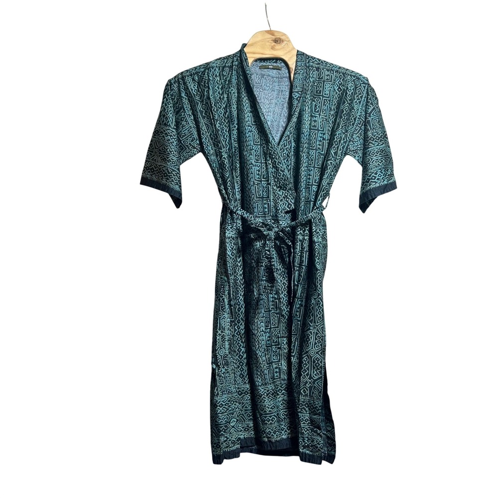 Peruvian Connection Small Teal Geometric Pima Cotton Wrap Robe Kimono Pockets